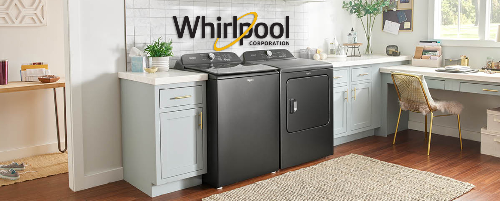 Whirlpool washer and dryer in a laundry room